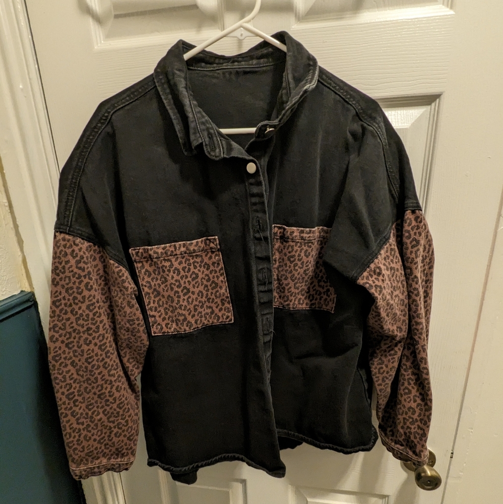 Black and Pink Cheetah Jean Jacket